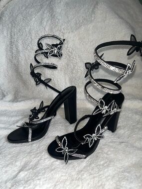 Embellished Black Strappy High-Heel Sandals